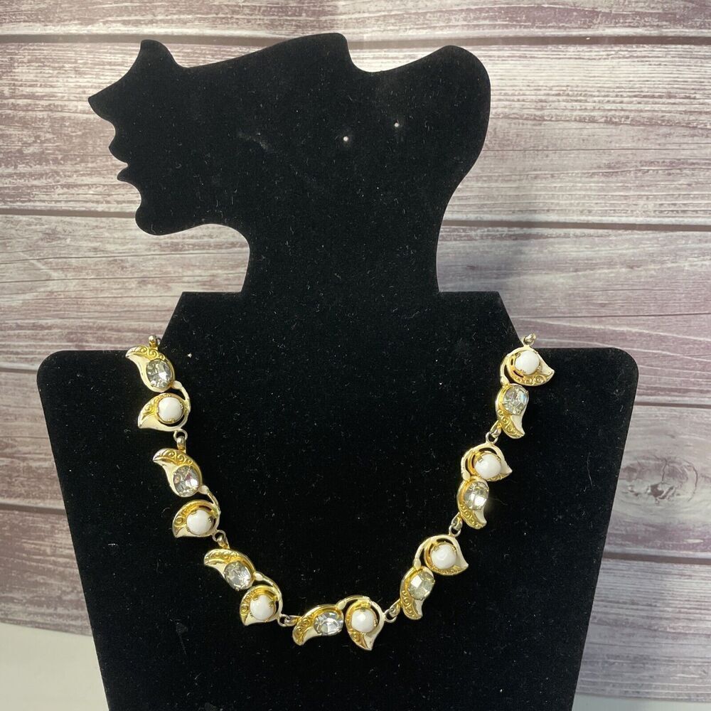 Vintage Signed Sandor Milk Glass Enamel Rhinestone Necklace Art Nouveau‎